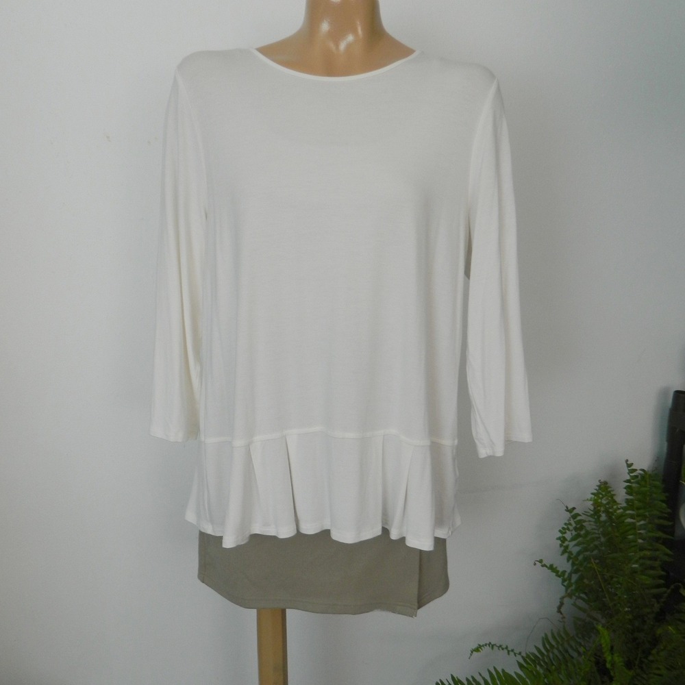 J. Jill Peplum Top Women Medium White 3/4 Sleeve Pleated Hem Knit Blouse